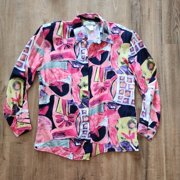 Vintage Tops - Vintage Abstract Painted Button Up Long Sleeve Top